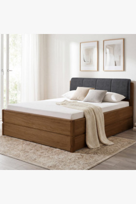 Eichenbett Helsinki 200x200 cm gebrannte Eiche Stoffkopfteil